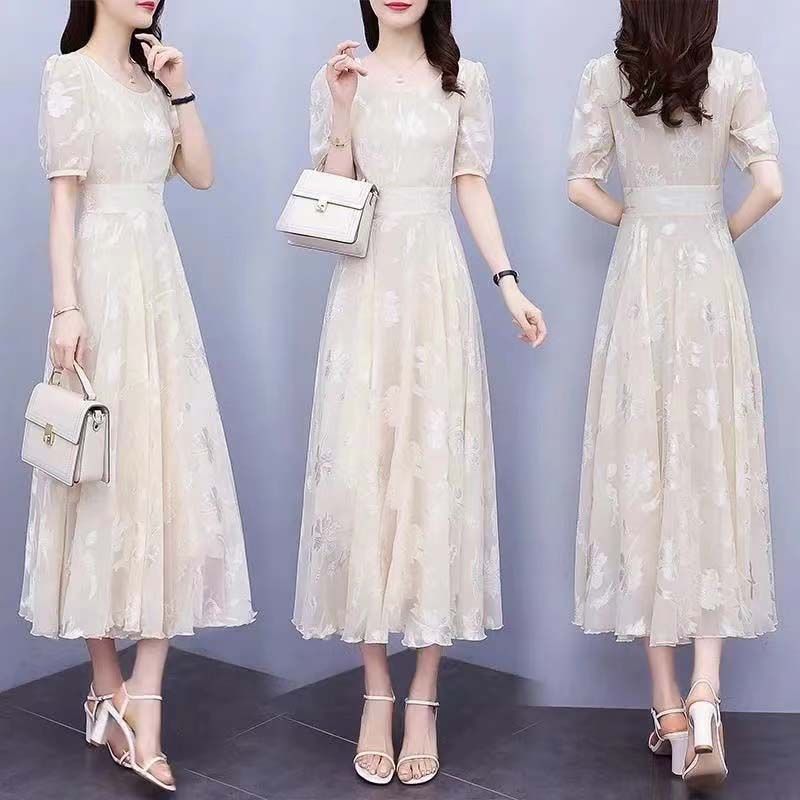 Women's Floral A-Line Midi Dress Short Sleeve Round Neck