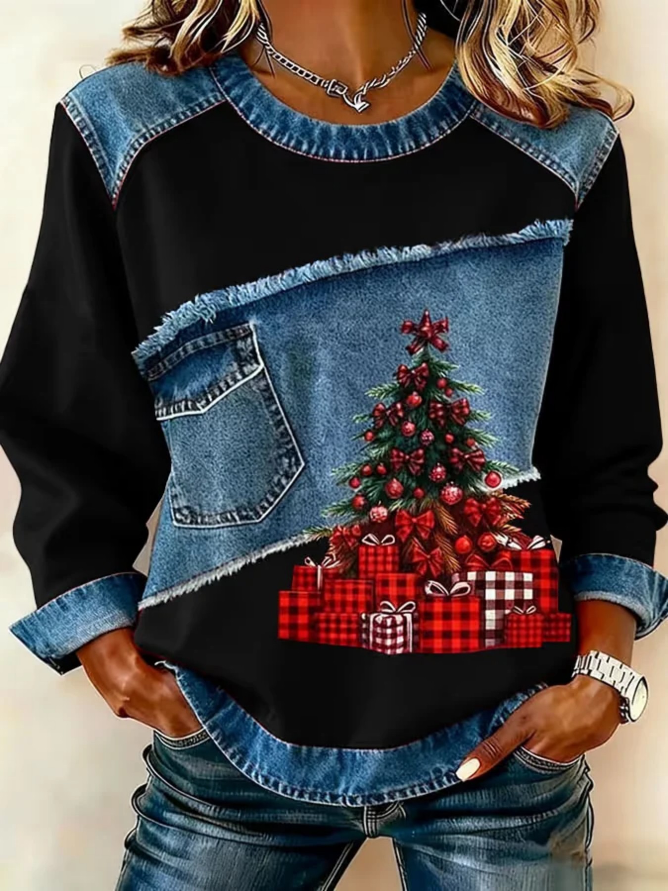Christmas Tree Print Crewneck Long Sleeve Pullover Sweatshirt