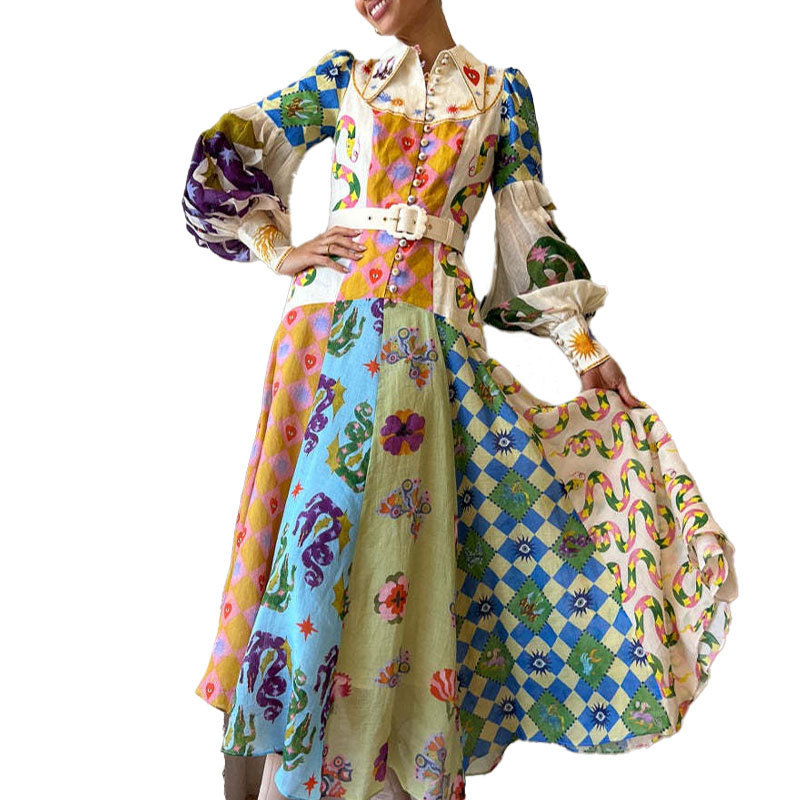 Elegant Floral Print Lapel Collar Waist-Cinched Long Dress