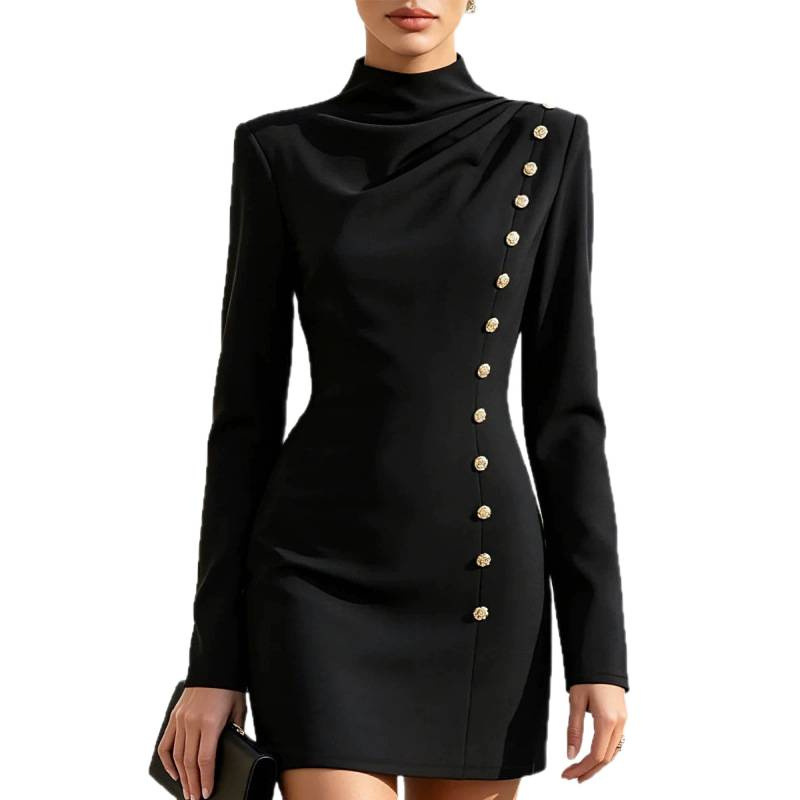Mock Neck Ruched Bodycon Mini Dress with Metal Buttons Long Sleeve