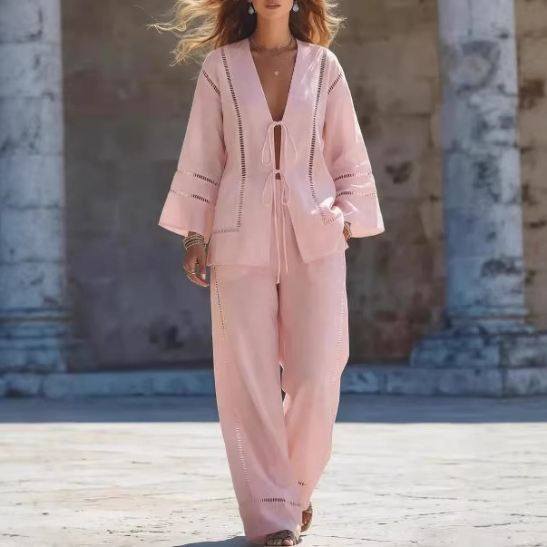 Women's Open-Front Tie Hollow-Out Two-Piece Pant Set
