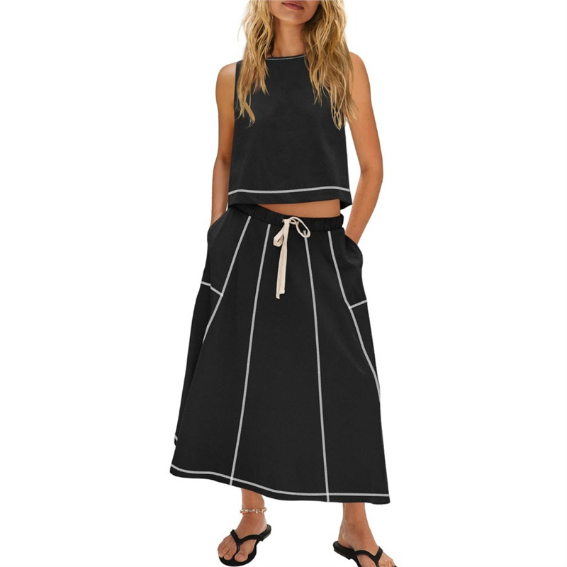 Women's Sleeveless Tank Top and Midi Skirt Two-Piece Set Colorblock