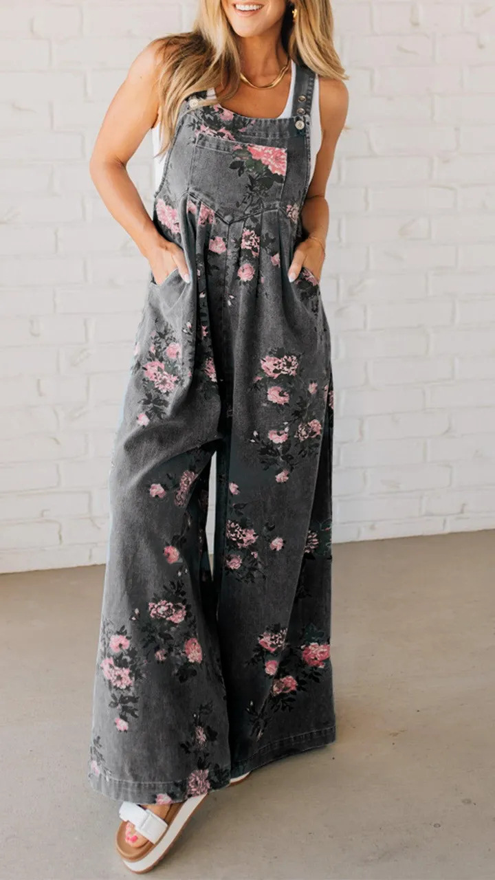 Floral Print Denim Sleeveless Jumpsuit with Pockets