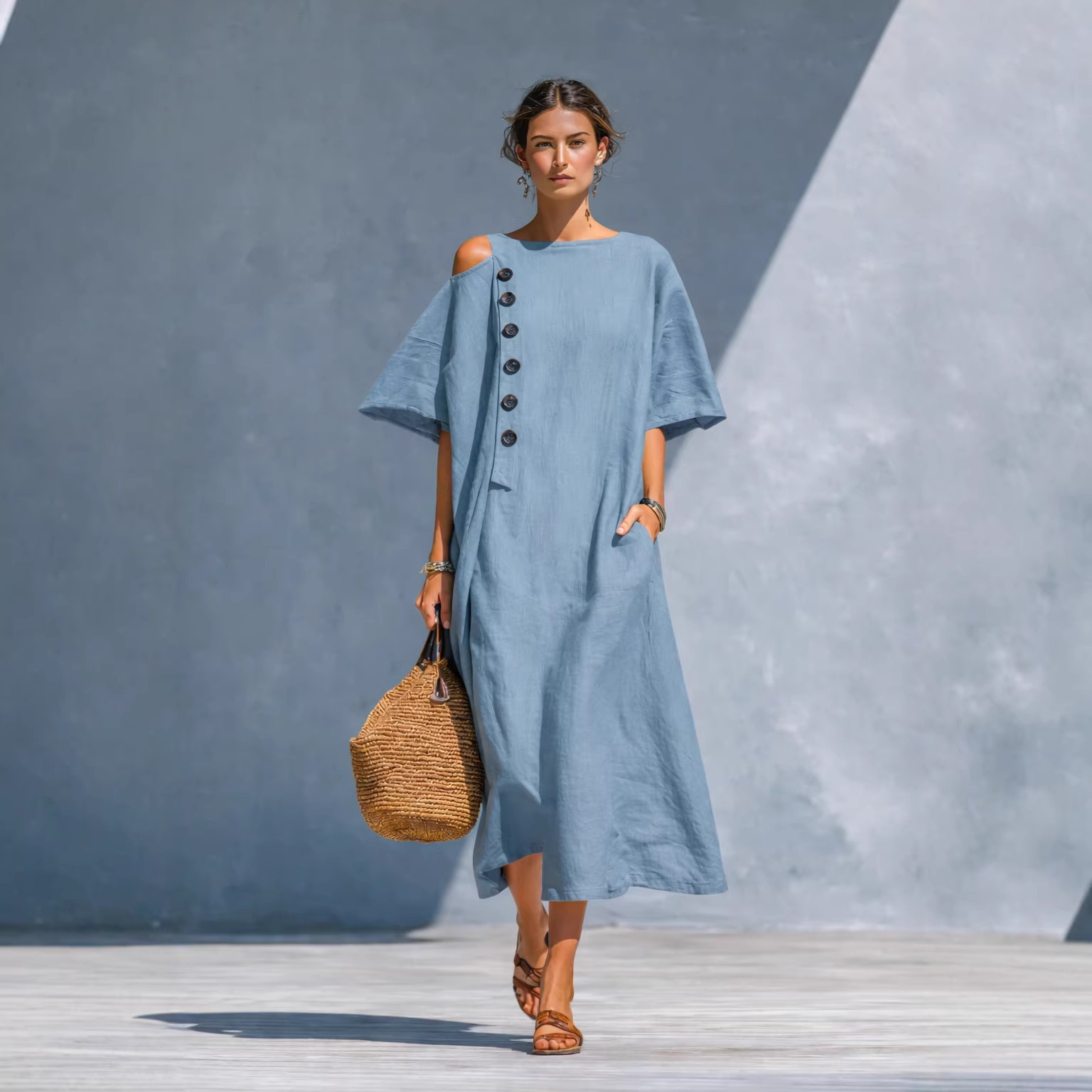 Women's Summer Loose Fit Midi Dress with One-Shoulder Button Detail
