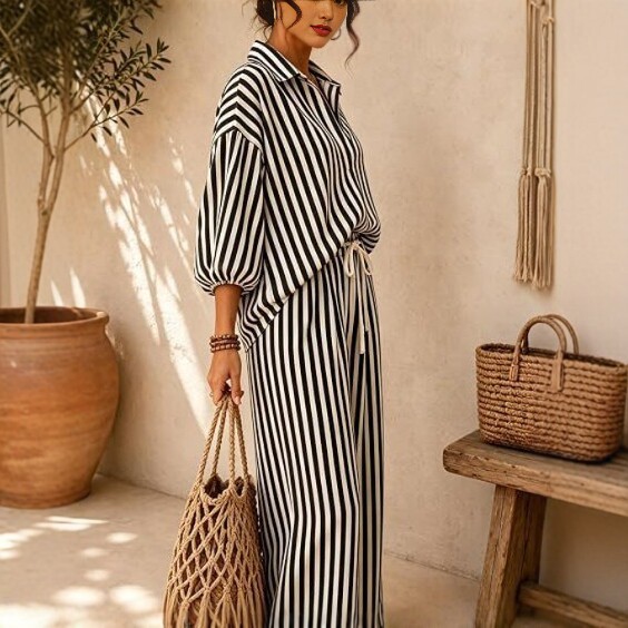 Striped Collared Lantern-Sleeve Shirt & Wide-Leg Pants Two-Piece Set