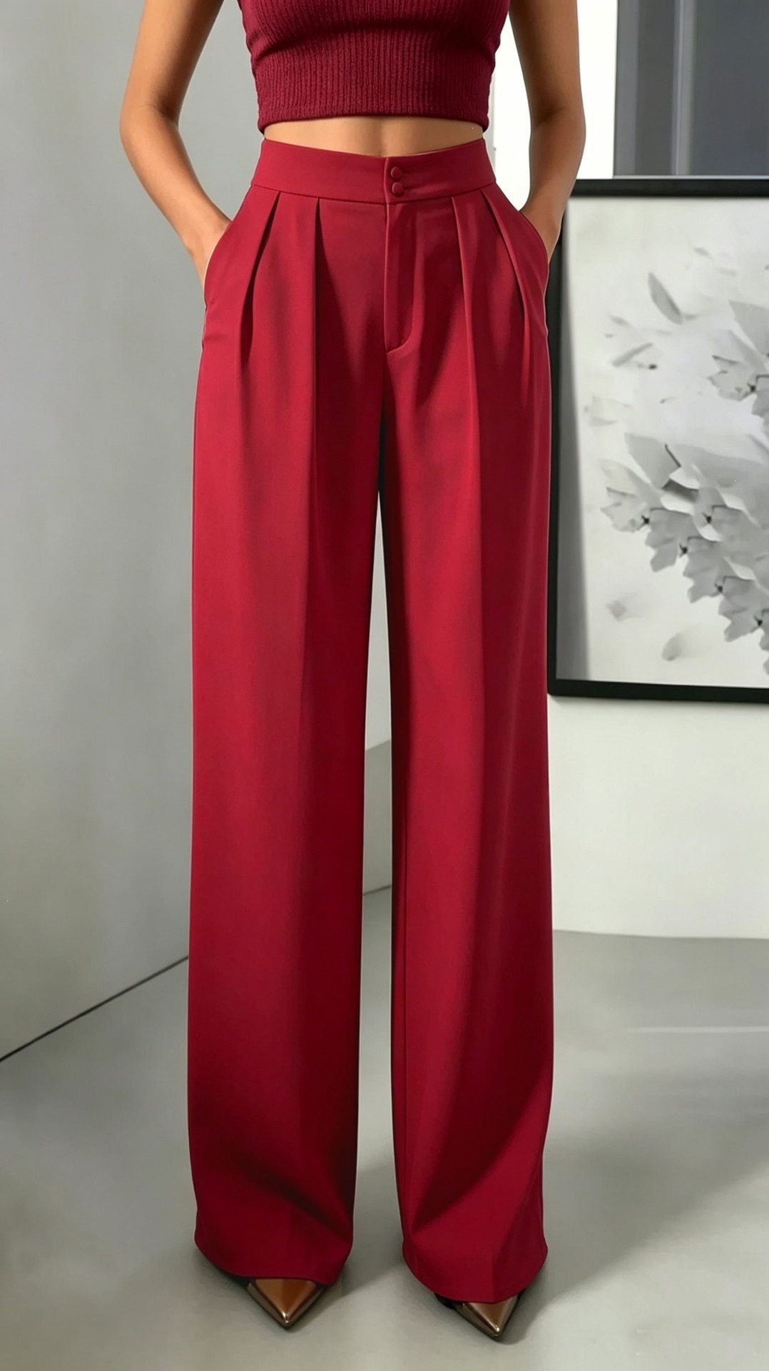 Women's High Waist Straight Leg Tailored Pants with Elastic Waist
