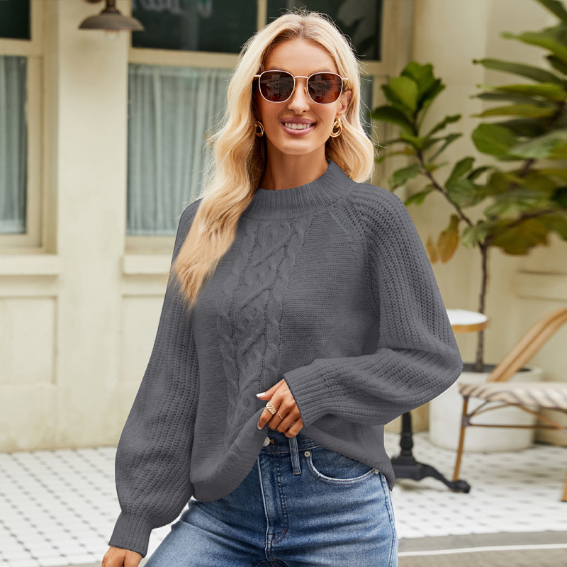 Women's Mock Neck Raglan Sleeve Cable Knit Pullover Sweater
