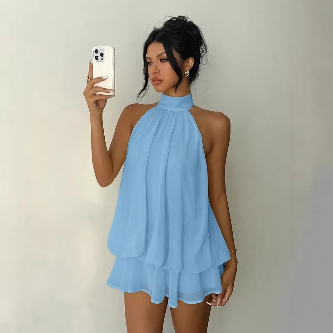 Solid Halter Neck Open Back Fitted Top Puff Skirt Mini Dress