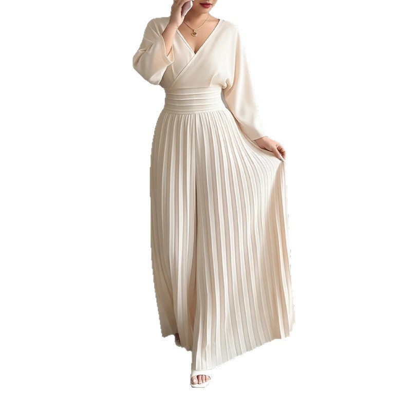 Women's Elegant Solid Color Waist-Cinched Pleated Wide-Leg Jumpsuit