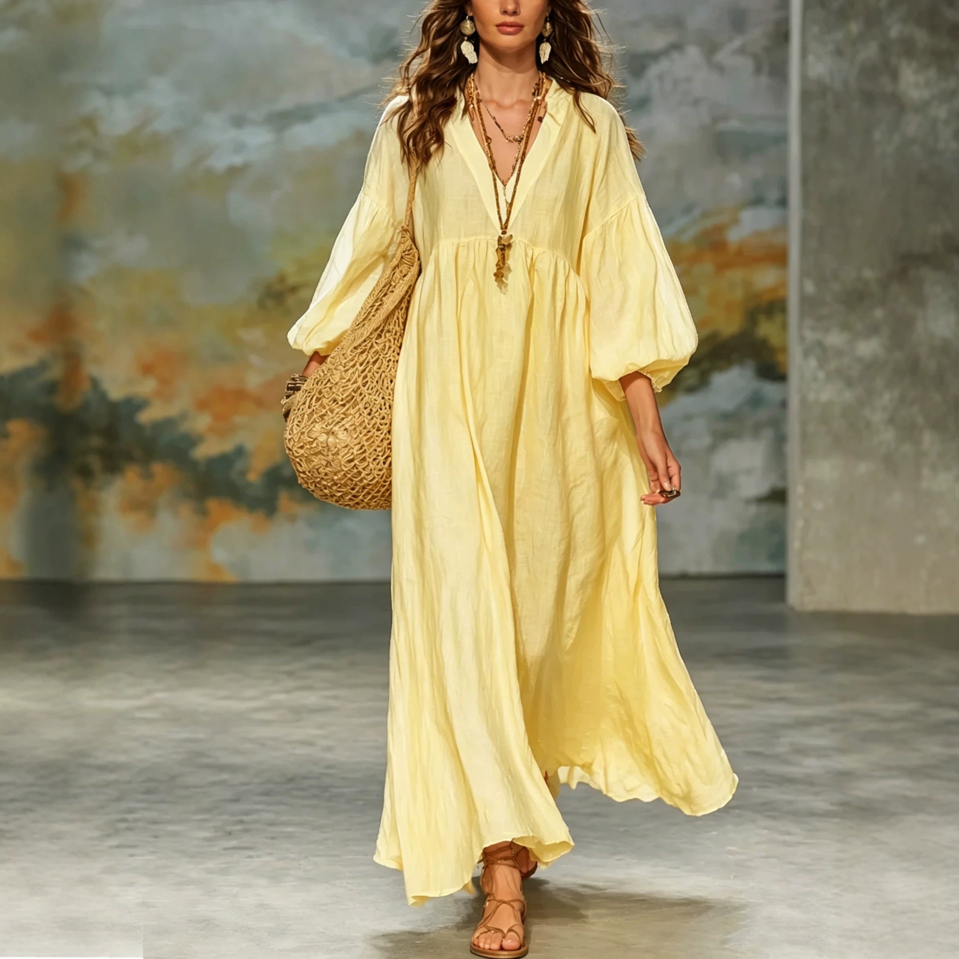 Boho Deep V Lantern Sleeve Maxi Dress