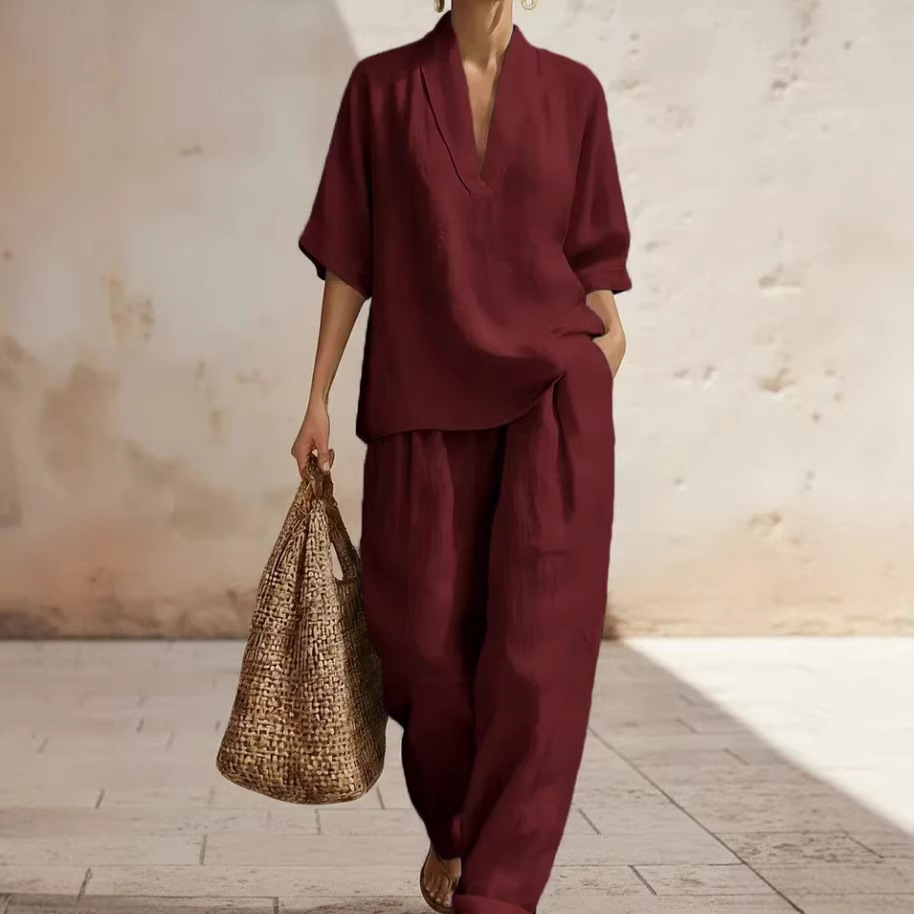 V-Neck Short Sleeve Top & Wide-Leg Pants Set