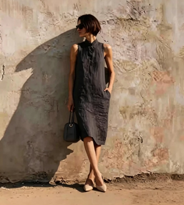 Sleeveless Linen Straight Dress Minimalist Textured Cotton-Linen Midi