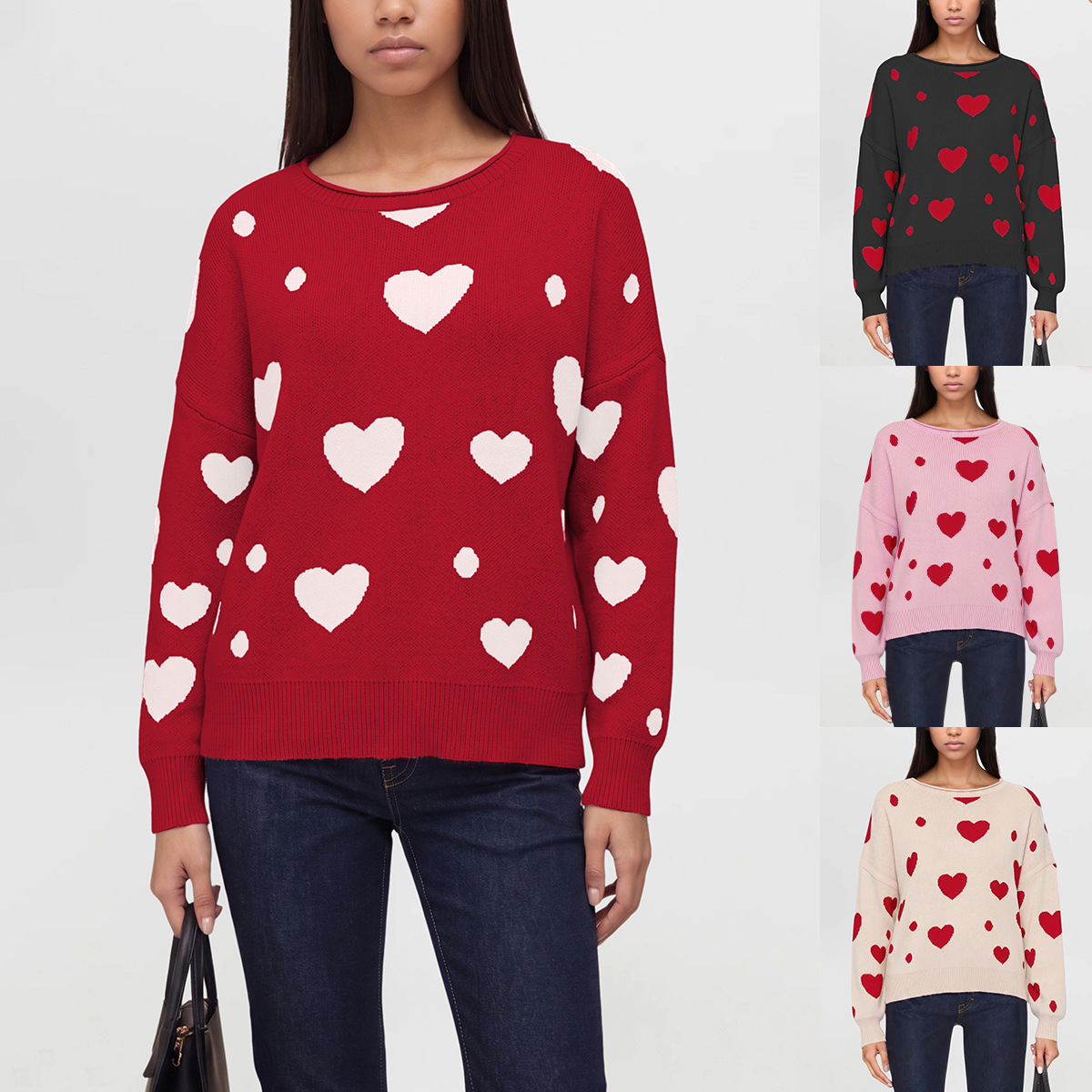 Heart Pattern Knit Sweater Women's Pullover Loose Fit Crew Neck Long Sleeve