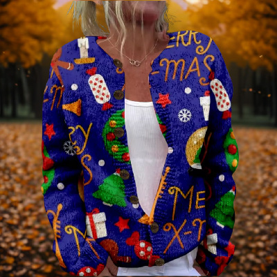 Women's Christmas Santa Print Button Cardigan Sweater
