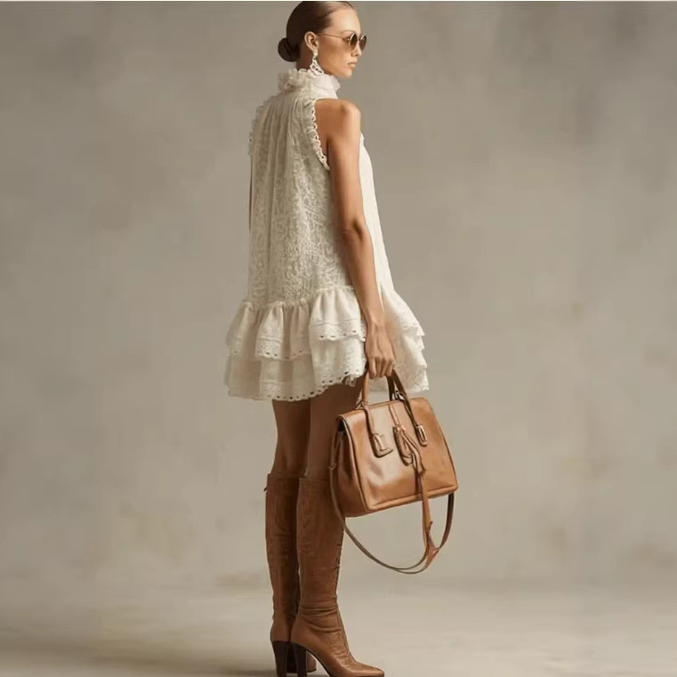 Beige Lace Sleeveless Ruffle Mini Dress