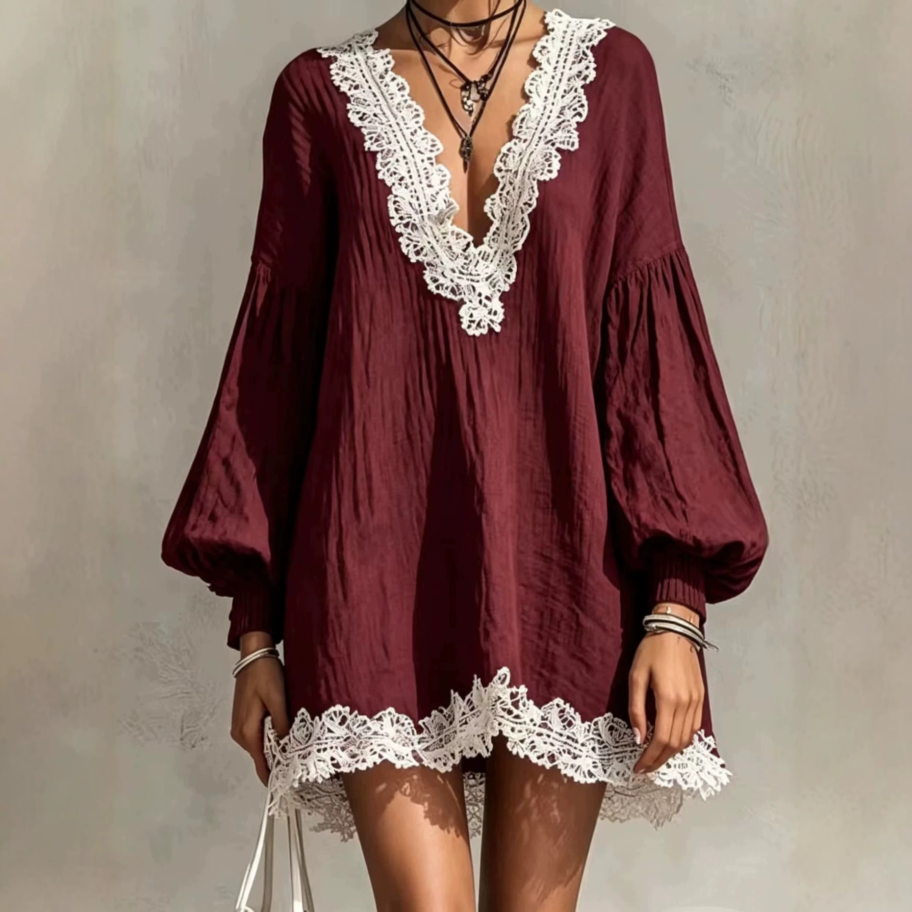 Color-Block V-Neck Lace-Trim Lantern-Sleeve Loose Dress