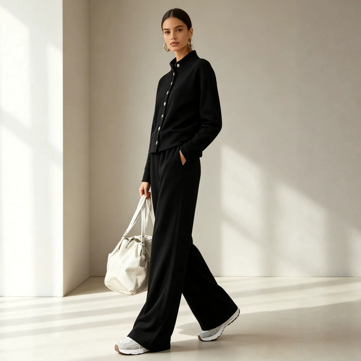 Women's Solid Stand-Collar Cardigan Hoodie & Wide-Leg Pants Set