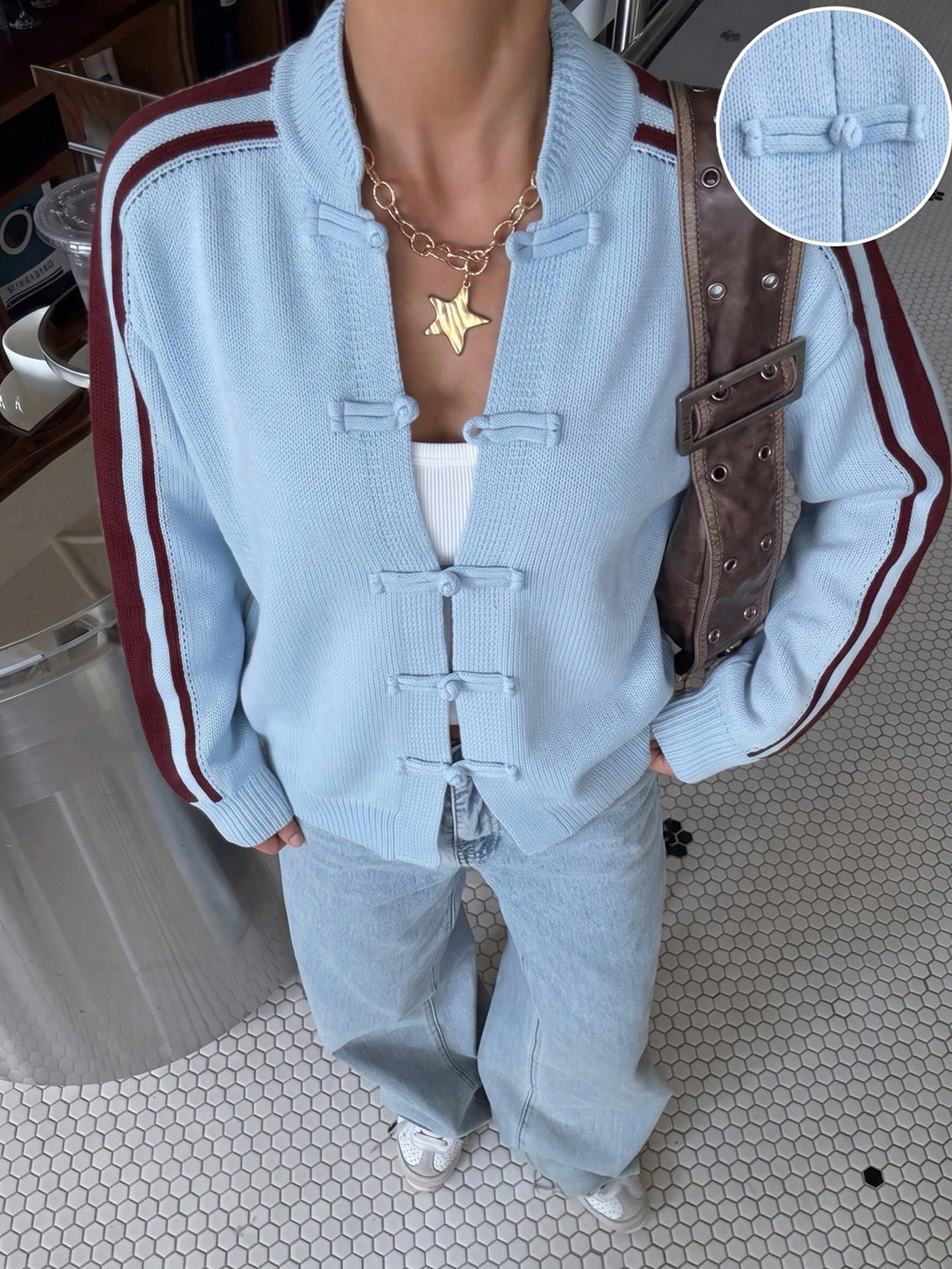 Retro Color-Block Striped Button-Front Knit Cardigan with Mandarin Collar
