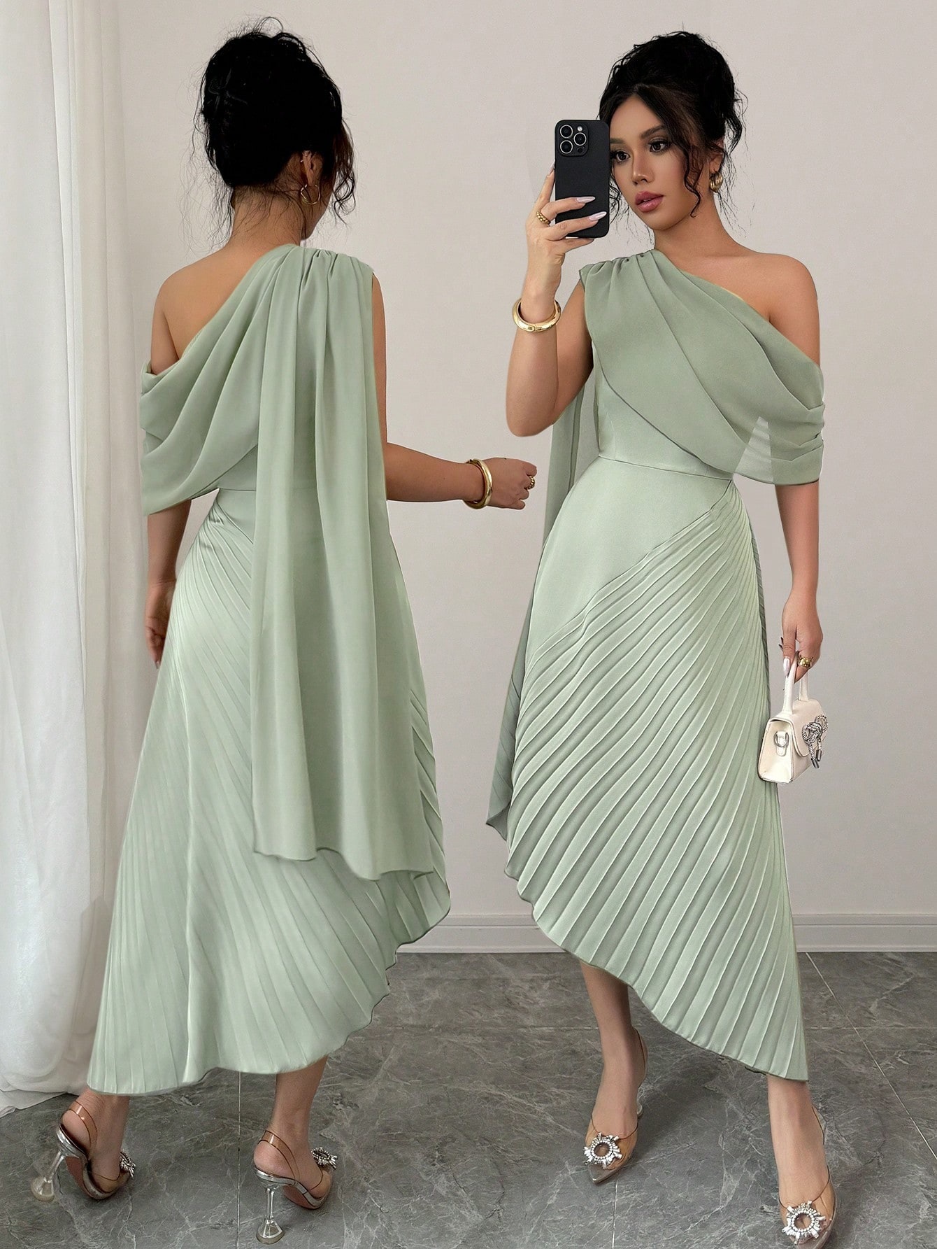 Women's One-Shoulder Ribbon Pleated Midi Dress Elegant Party Gown