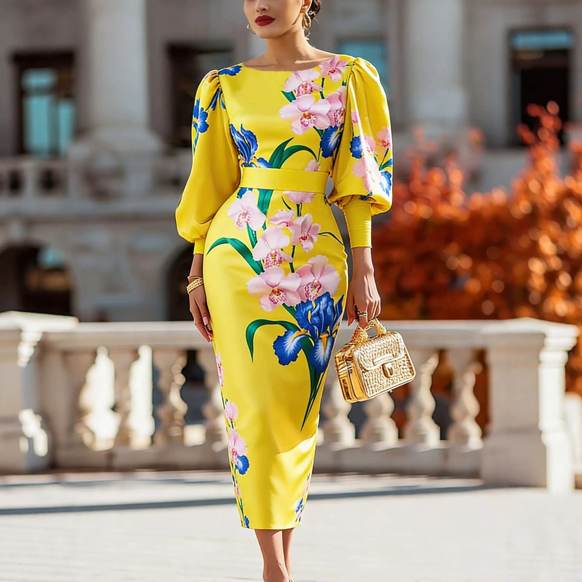 Yellow Floral Print Boat Neck Puff Sleeve Bodycon Midi Dress
