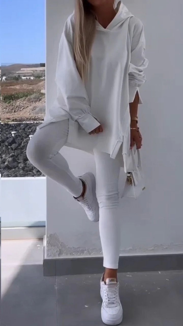 Women's Casual Hooded Split Top and Leggings Two-Piece Set