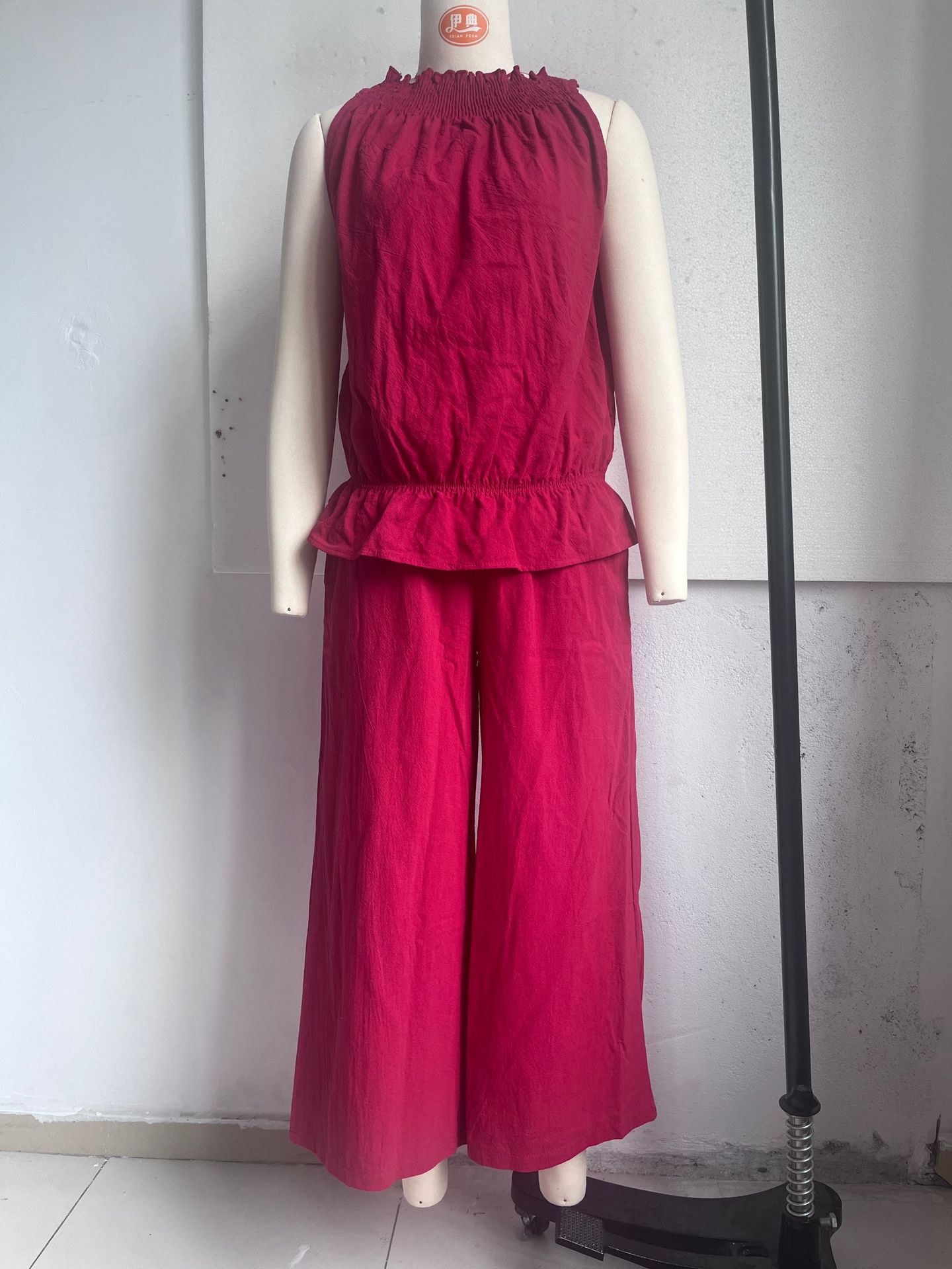 Women's Boho Ruffle Two-Piece Set Sleeveless Shirt and Wide-Leg Pants