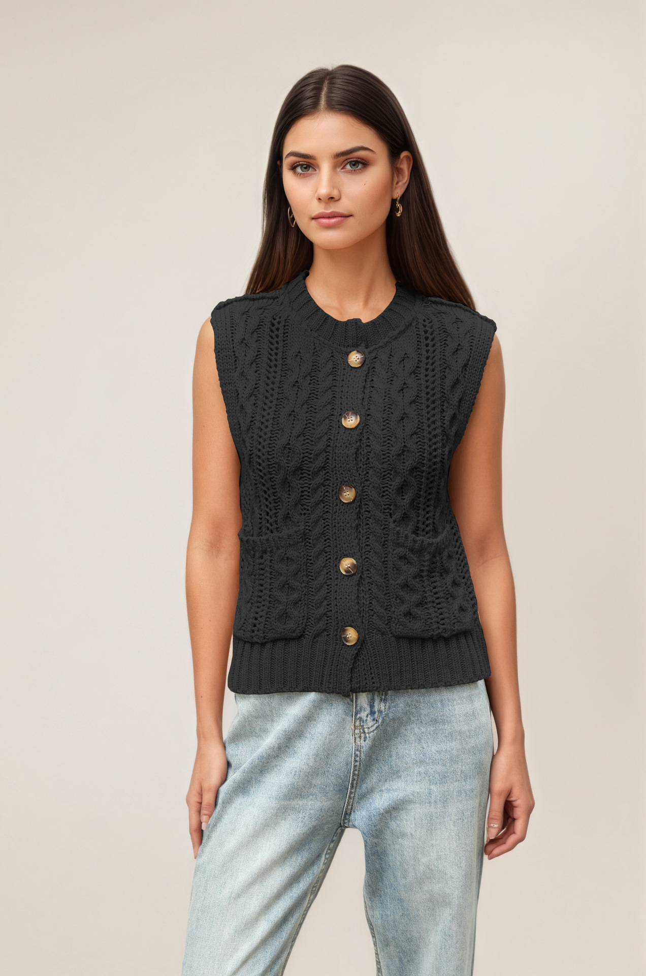 Women's Sleeveless Round Neck Pocket Knit Cardigan Vest