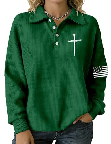 Women's Cross & American Flag Print Button Sweatshirt