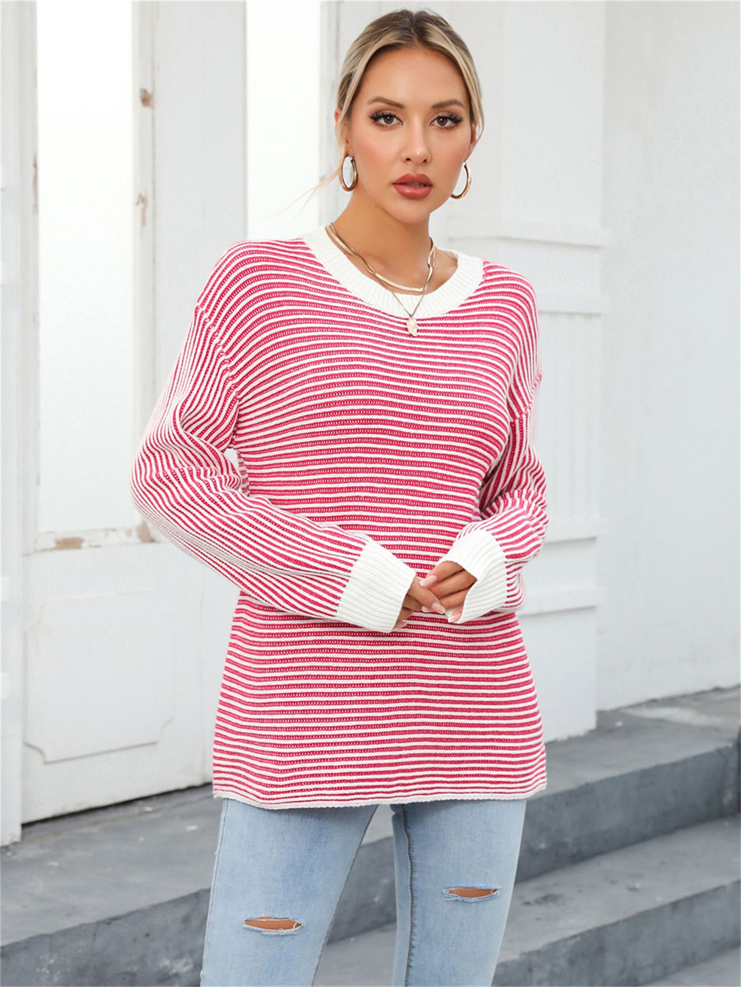 Color-Block Striped Crewneck Pullover Knit Sweater