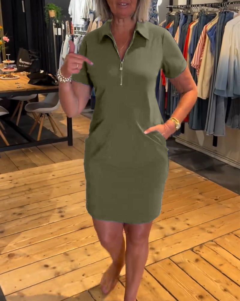 Women's Casual Short Sleeve Zip Front Solid Color Midi Dress with Collar