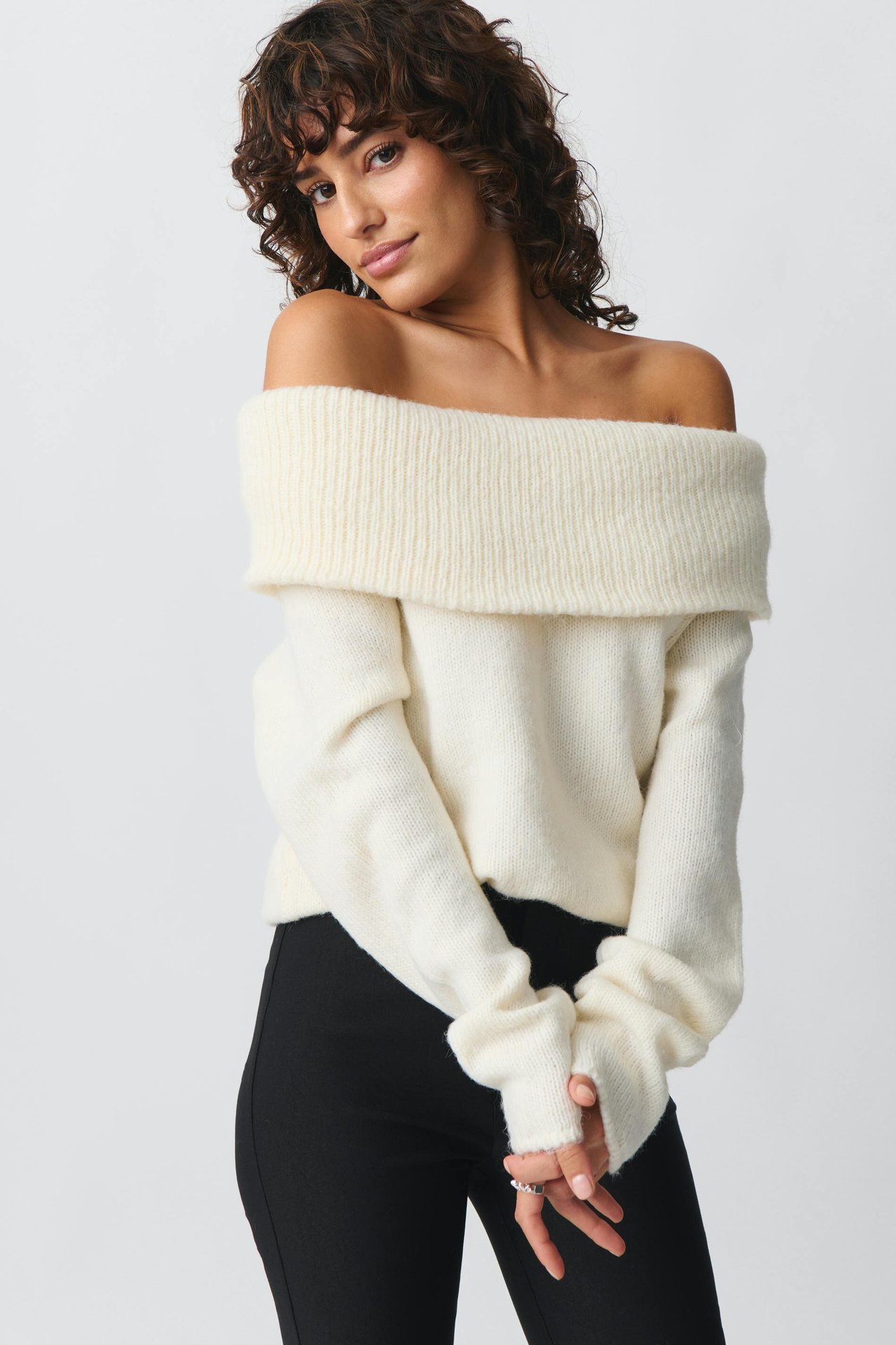 Women's Off-Shoulder Lapel Knit Top Slim Fit Sweet Pullover