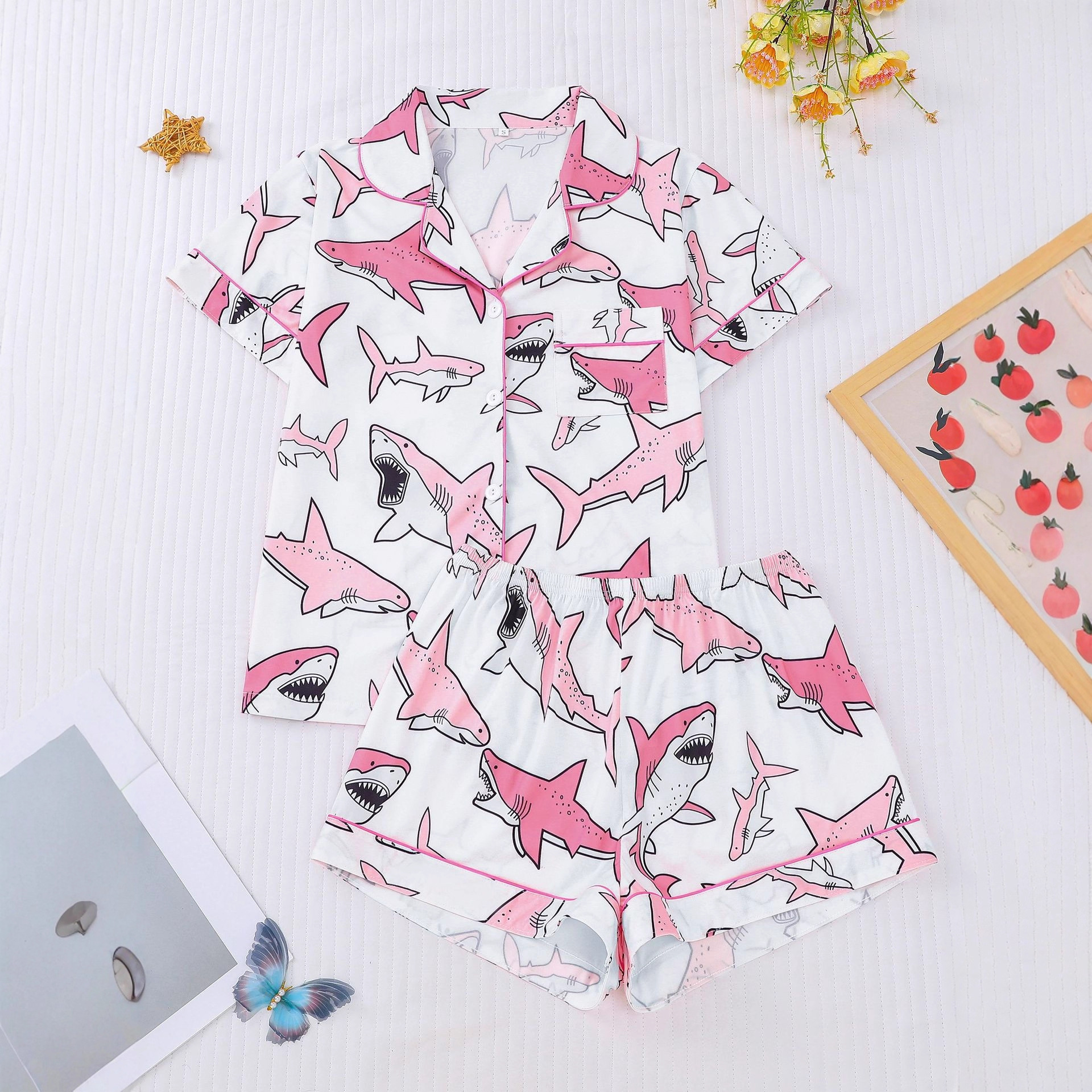 Women's Cuban Collar Shark Print Short Sleeve Shirt Set