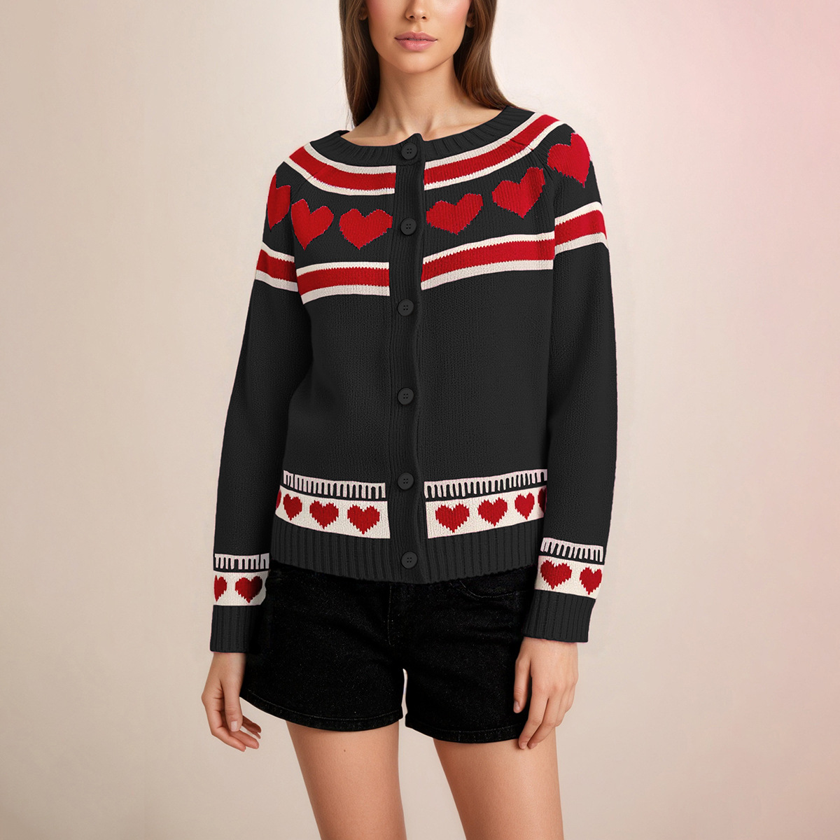 Retro Heart Pattern Knit Cardigan with Round Neck and Buttons, Loose Fit