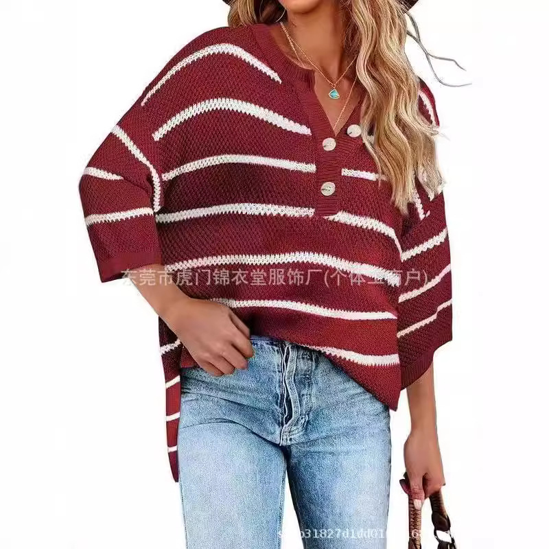 Striped Button-Front Loose Mid-Sleeve Knit Top
