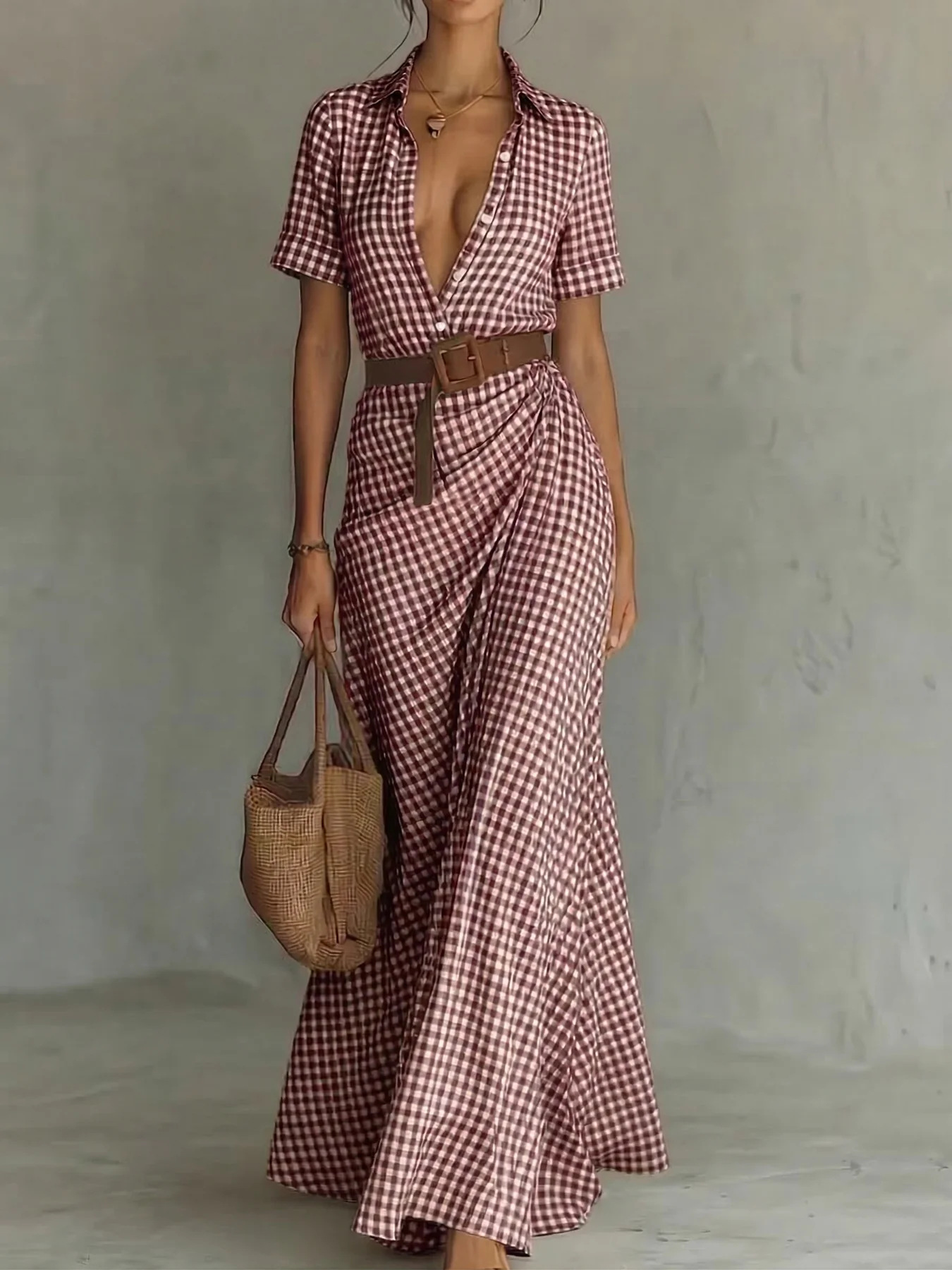 Elegant Plaid Irregular Ruffle Dress with Belt