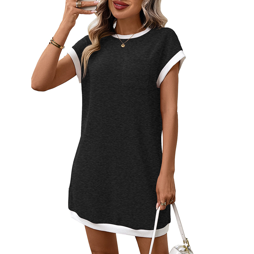 Women's Color-Block Short-Sleeve Pocket Dress Casual Crew Neck
