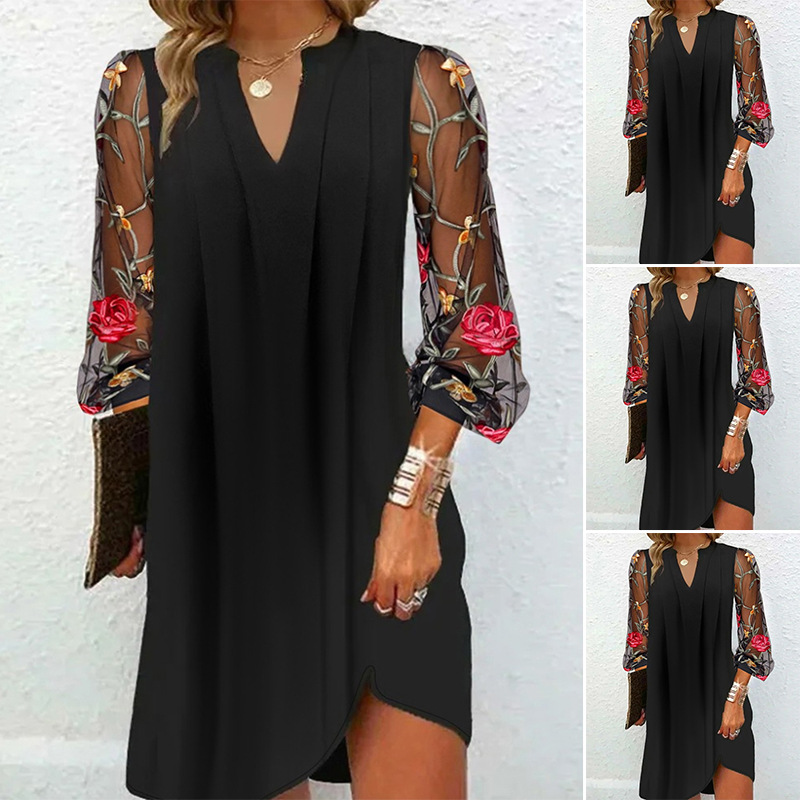 V-Neck Long Sleeve Sheer Floral Pleated Midi Dress