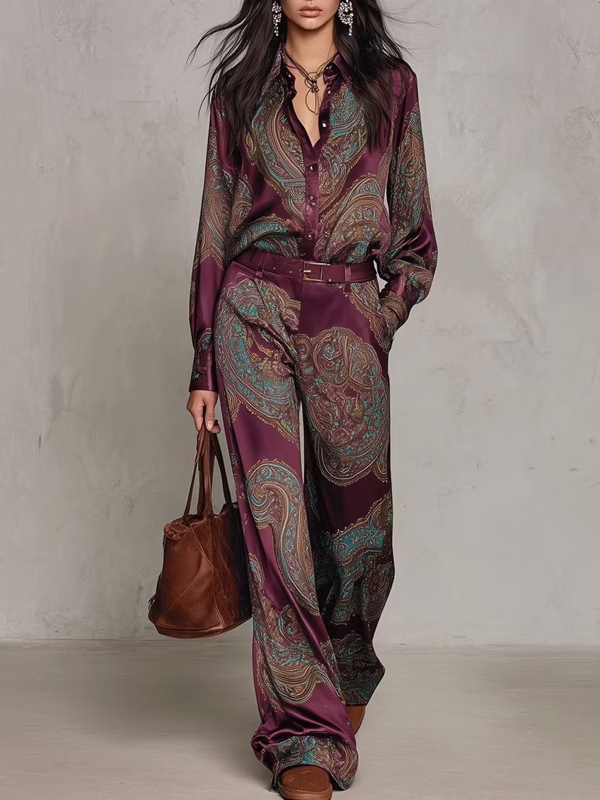 Paisley Print Long-Sleeve Shirt and Wide-Leg Pants Set