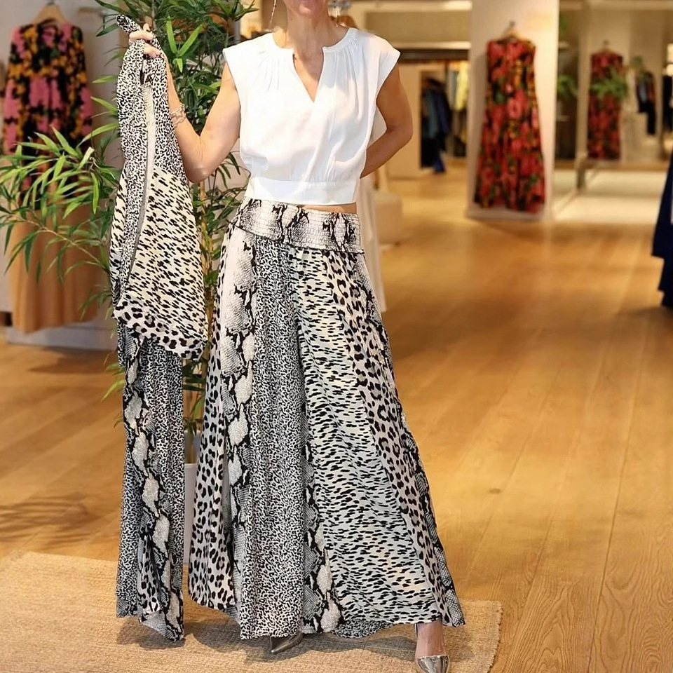 Women's Leopard Print Long Cardigan & Wide-Leg Pants Set with Belt