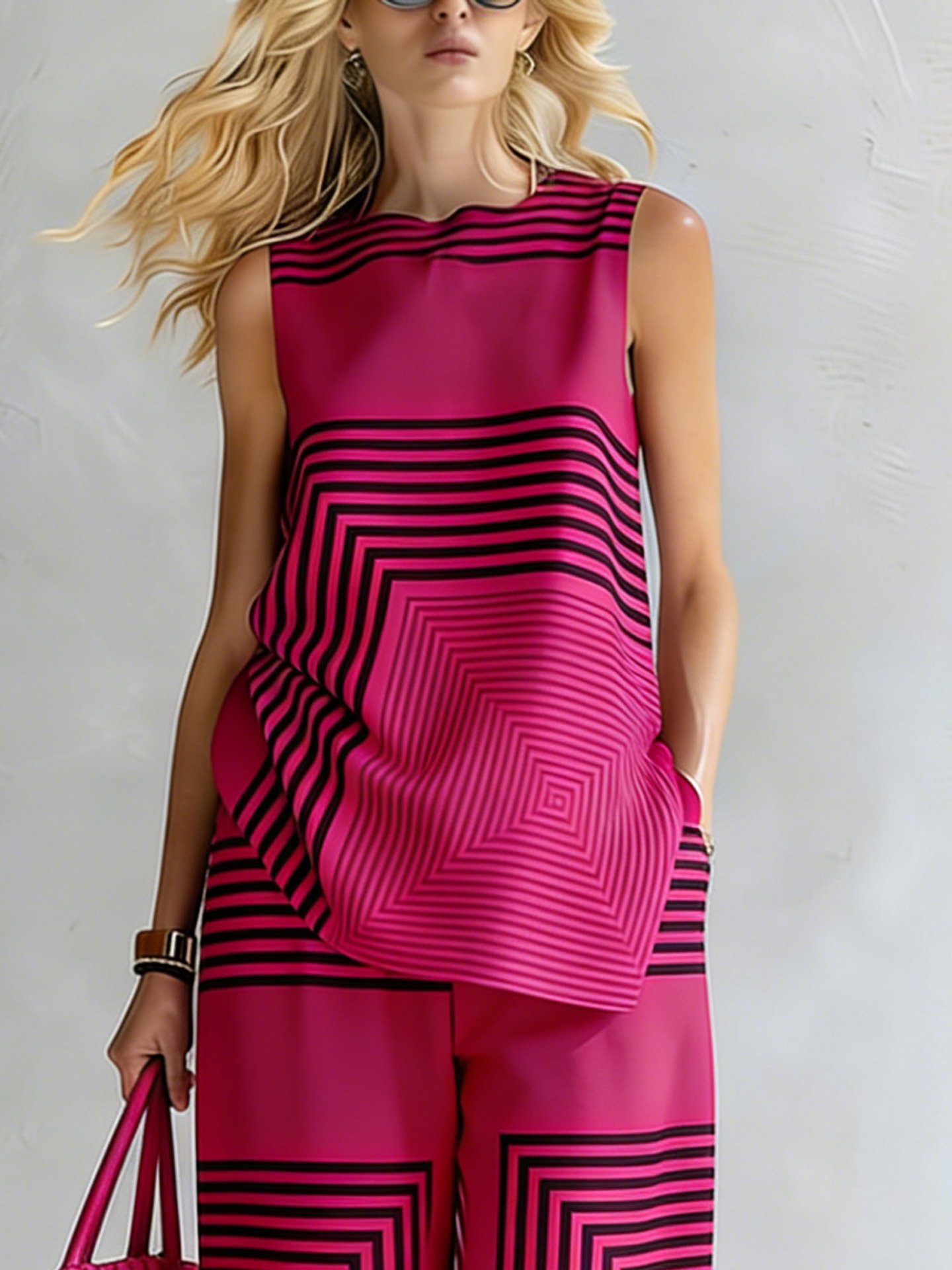 Striped Sleeveless Round Neck Top and Pants Set