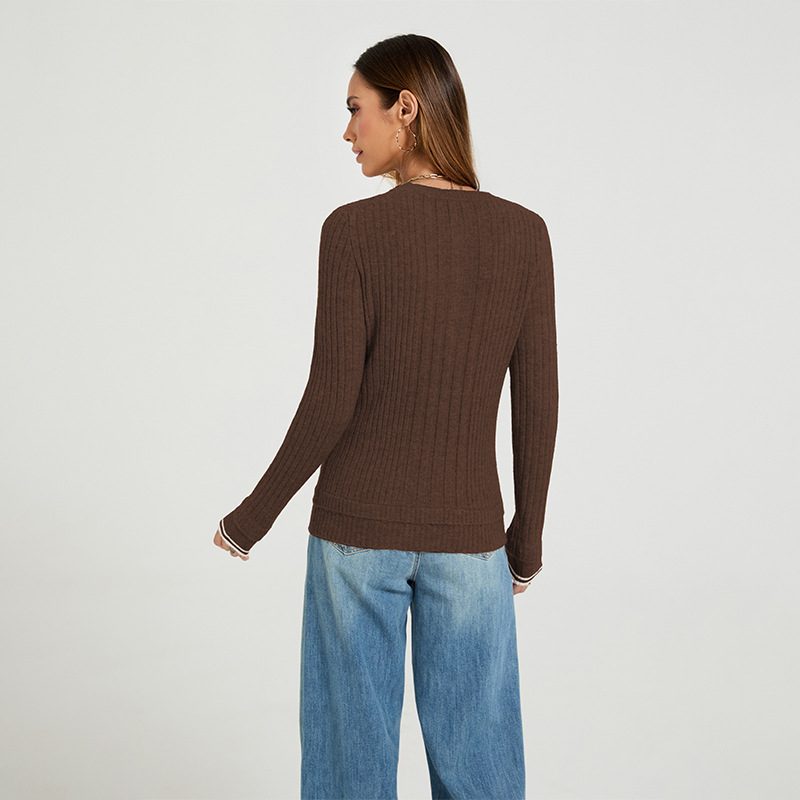 Women's Ribbed Knit Button-Front Crewneck Long-Sleeve Slim Sweater