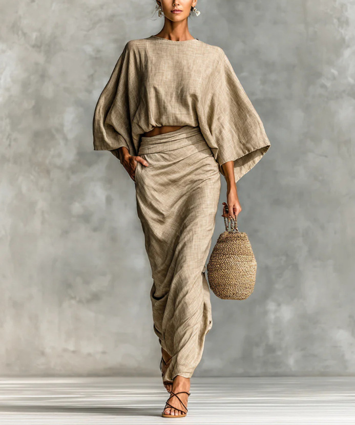 High-Waist Midi Skirt Set with Round-Neck Long-Sleeve Loose Top
