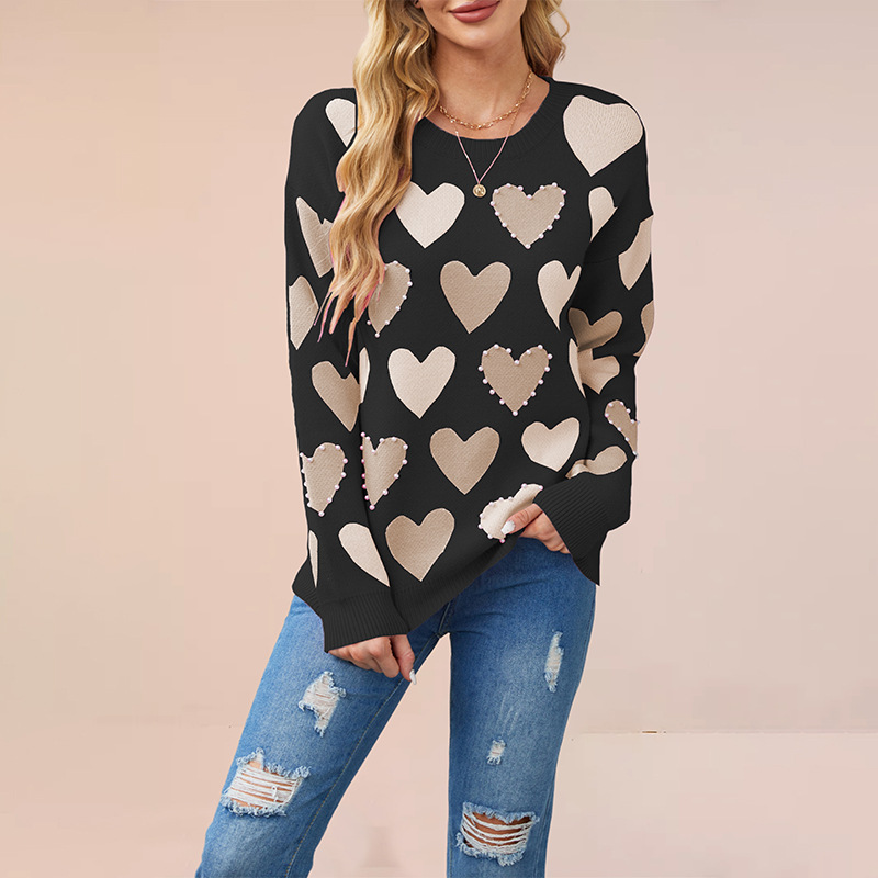Beaded Heart Crewneck Knit Sweater for Women