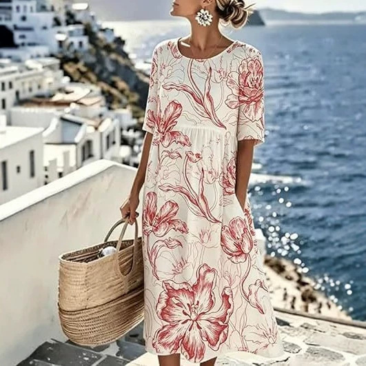 Women's Floral Print Midi Dress with Pockets