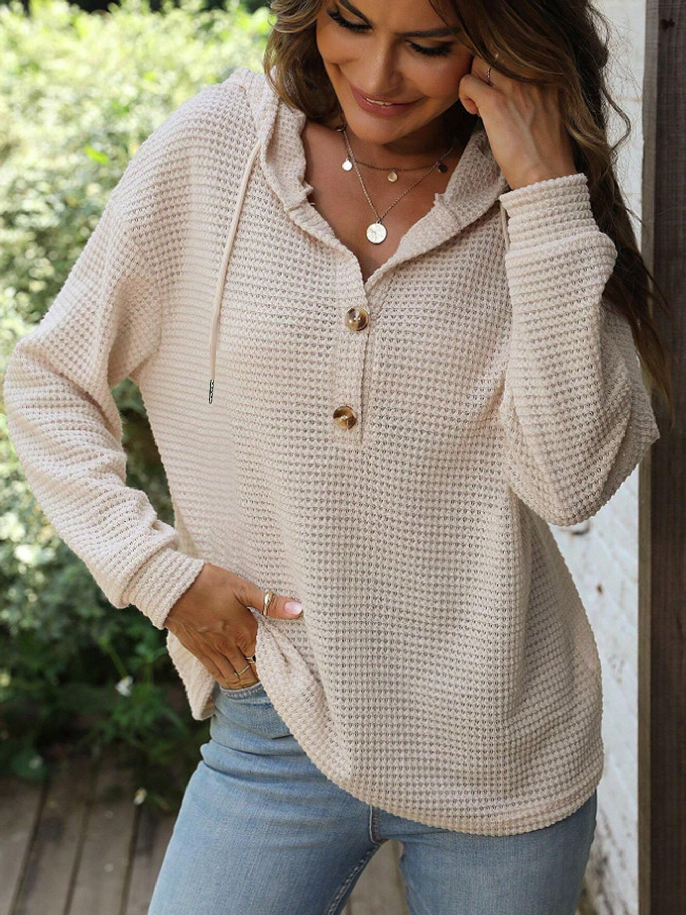 Solid Color Hooded Button Loose Fit Long Sleeve Sweatshirt for Women