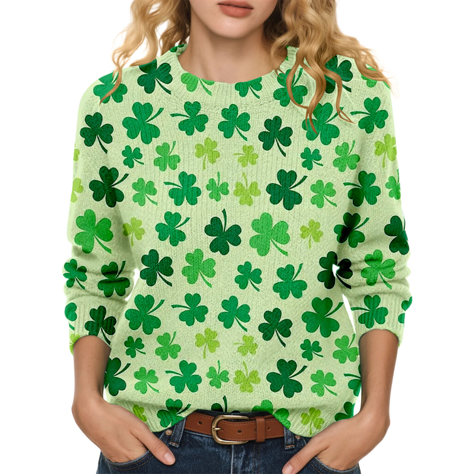 Lucky Clover Print Crewneck Sweatshirt for Women Casual Pullover