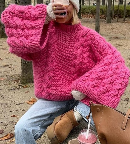 Women's Loose Crewneck Wide-Sleeve Knit Sweater Solid Color