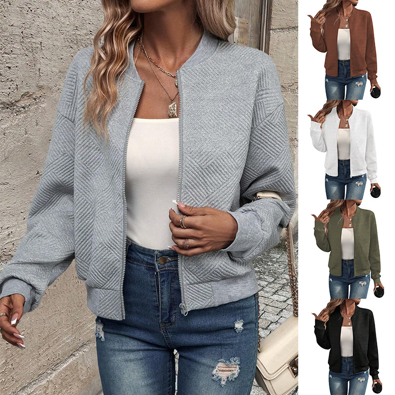 Women's Solid Zip-Up Baseball Collar Casual Jacket