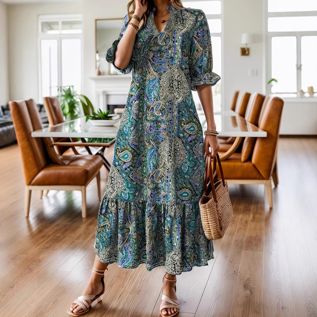 Bohemian Floral Print Maxi Dress with Mandarin Collar and Layered Ruffle Hem