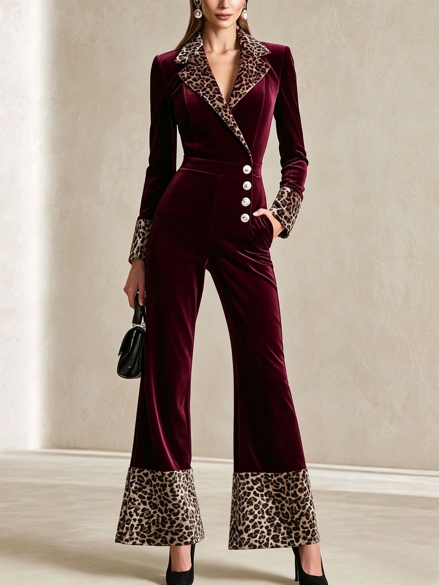 Leopard Print Long Sleeve Long Pants Jumpsuit